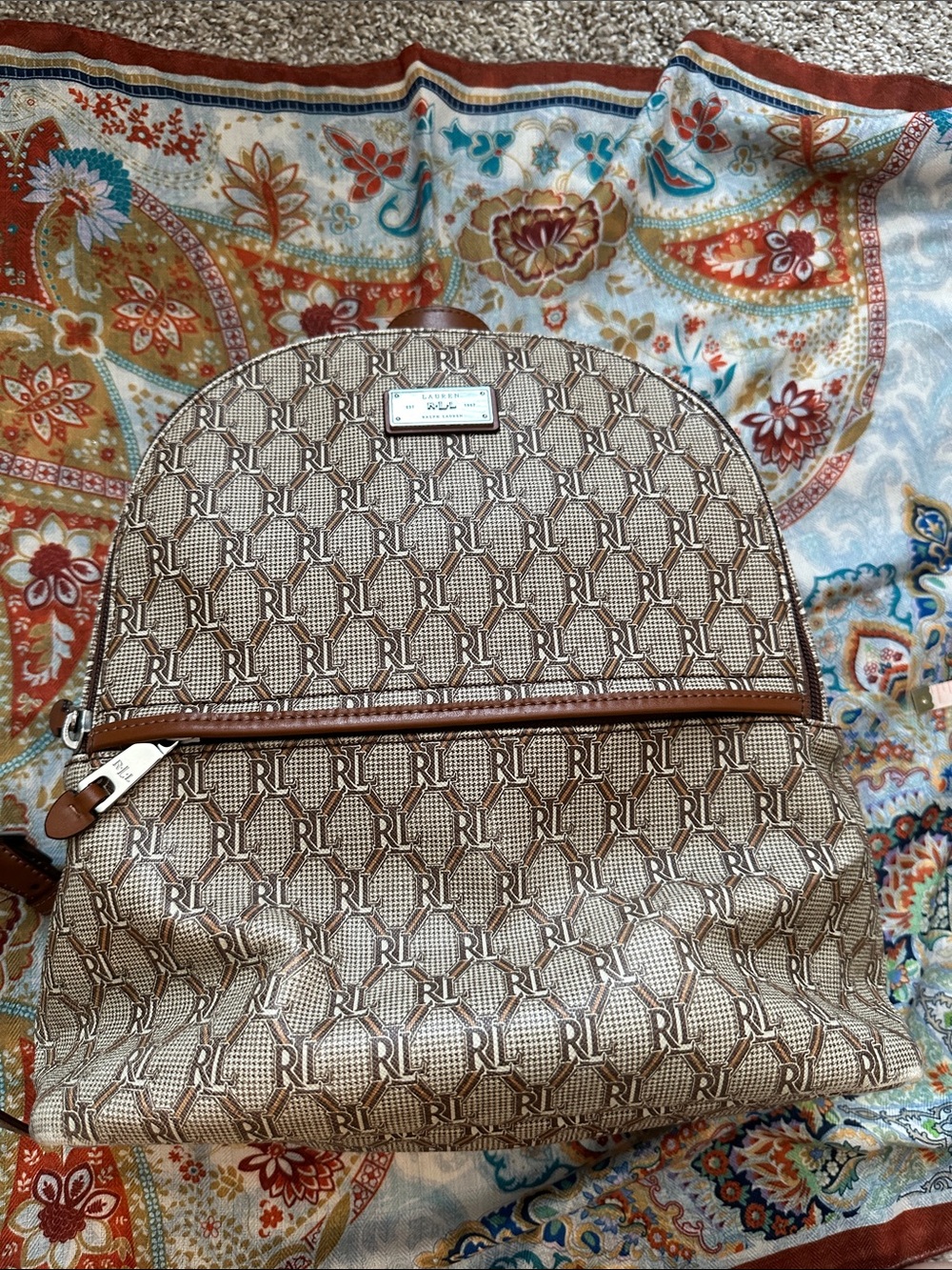 Ralph Lauren Beige & Brown RL Monogram Backpack